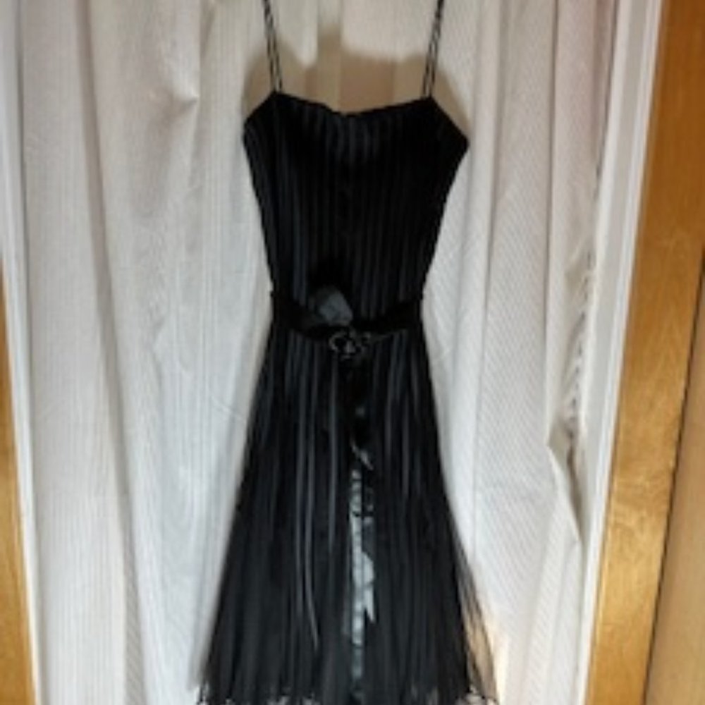Flirty cocktail dress with black ribbon and fitted bodice